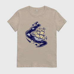 Футболка хлопковая женская Парусник в космосе, цвет: миндальный