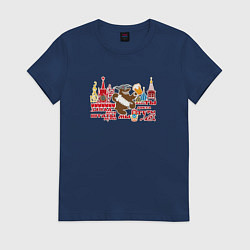 Футболка хлопковая женская Медведь в шапке - запад лохи, штаты дуры, цвет: тёмно-синий