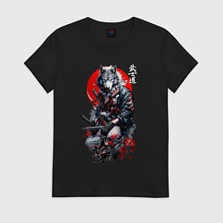 Футболка хлопковая женская Волк самурай - гравюра, цвет: черный