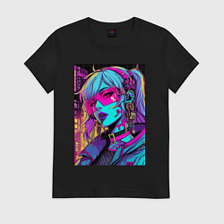 Футболка хлопковая женская Кибер девчонка в розовых очках - нейроарт, цвет: черный