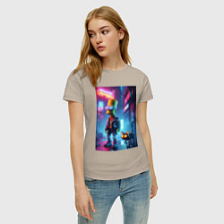 Футболка хлопковая женская Барт Симпсон гуляет с роботом котом в ночном город, цвет: миндальный — фото 2