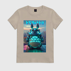 Футболка хлопковая женская Cyber Totoro - neon glow fantasy, цвет: миндальный
