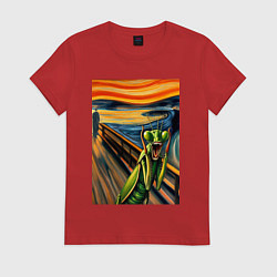 Футболка хлопковая женская Богомол кричит на картине Эдварда Мунка - мем иску, цвет: красный
