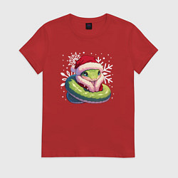 Футболка хлопковая женская Маленькая зелёная змейка, цвет: красный