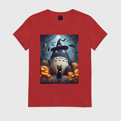Футболка хлопковая женская Totoro and black cat - halloween fantasy, цвет: красный