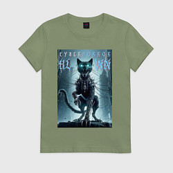 Футболка хлопковая женская Cyber black cat - halloween horror fantasy, цвет: авокадо
