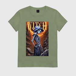 Футболка хлопковая женская Костлявая ведьма - хэллоуин, цвет: авокадо