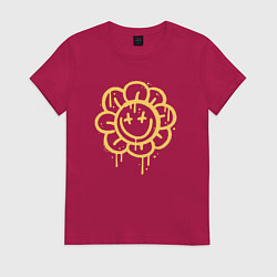 Футболка хлопковая женская Смайлик ромашка, цвет: маджента