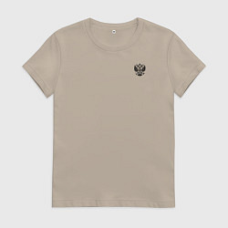 Футболка хлопковая женская Мы русские с нами Бог малый герб черный, цвет: миндальный