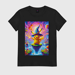 Футболка хлопковая женская Пикачу в шляпе в сказочной стране, цвет: черный