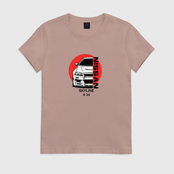 Футболка хлопковая женская Nissan skyline на фоне солнца, цвет: пыльно-розовый