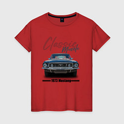 Футболка хлопковая женская Американский маслкар Ford Mustang 1973 года, цвет: красный