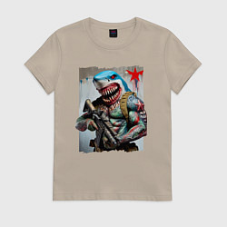 Футболка хлопковая женская Чувак-акула боец спецназа, цвет: миндальный