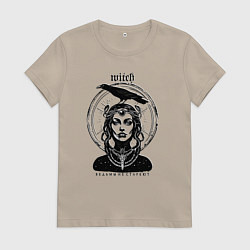 Футболка хлопковая женская Ведьма не стареет с вороном, цвет: миндальный