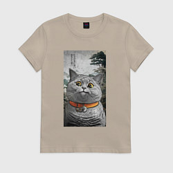 Футболка хлопковая женская Мемный кот в японском стиле, цвет: миндальный