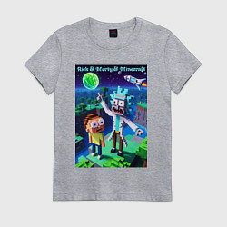 Футболка хлопковая женская Рик и Морти и Майнкрафт - коллаба, цвет: меланж