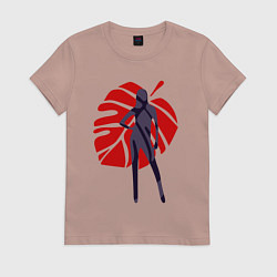 Футболка хлопковая женская Девушка на фоне монстеры, цвет: пыльно-розовый