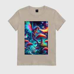 Футболка хлопковая женская Сказочный дракон на планете неоновых грибов, цвет: миндальный