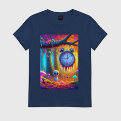 Футболка хлопковая женская Психоделический осенний фрагмент с будильником, цвет: тёмно-синий