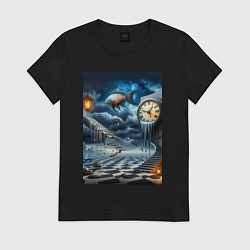 Футболка хлопковая женская Психоделический пейзаж с часами и рыбой, цвет: черный