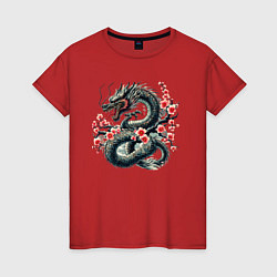 Футболка хлопковая женская Japanese dragon and sakura - irezumi, цвет: красный