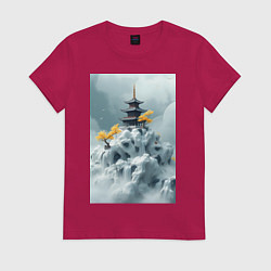 Футболка хлопковая женская Тихий японский пейзаж, цвет: маджента