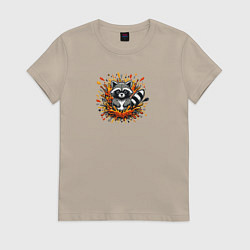 Футболка хлопковая женская Забавный енот в брызгах краски, цвет: миндальный