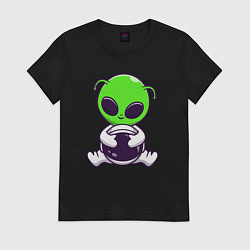 Футболка хлопковая женская Пришелец космонавт, цвет: черный