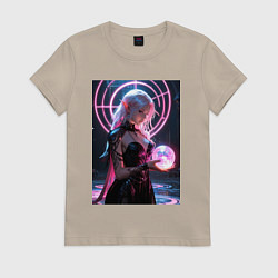 Футболка хлопковая женская Эльфийка с магической сферой, цвет: миндальный