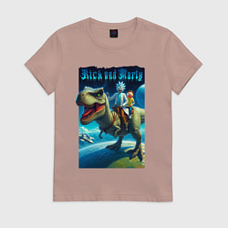 Футболка хлопковая женская Рик и Морти верхом на тираннозавре, цвет: пыльно-розовый