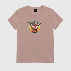 Футболка хлопковая женская Приветственный жест Шака или Джамбо, цвет: пыльно-розовый