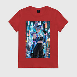 Футболка хлопковая женская Лиса наемник в стиле Cyberpunk, цвет: красный