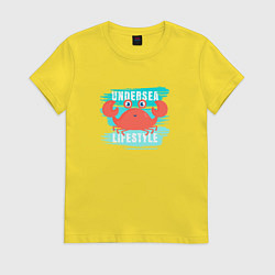 Футболка хлопковая женская Симпатичный крабик и надпись, цвет: желтый