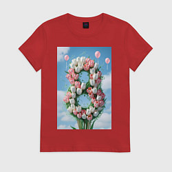 Футболка хлопковая женская Тюльпаны к 8 марта, цвет: красный