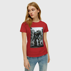 Футболка хлопковая женская Конвой роботов в городе, цвет: красный — фото 2