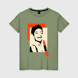 Футболка хлопковая женская Девушка с помадой в стиле поп-арт, цвет: авокадо