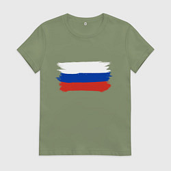 Футболка хлопковая женская Флаг россии нарисованный, цвет: авокадо
