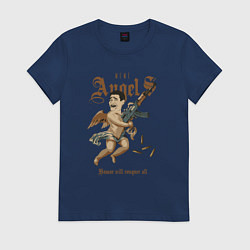 Футболка хлопковая женская Мем Яо Мин в виде ангела с автоматом, цвет: тёмно-синий