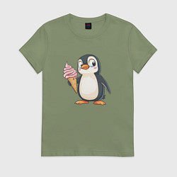 Футболка хлопковая женская Пингвин с мороженым, цвет: авокадо