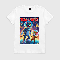 Футболка хлопковая женская Том и Джерри - неоновый космос, цвет: белый
