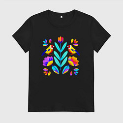 Футболка хлопковая женская Неоновые цветы и птицы, цвет: черный