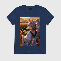 Футболка хлопковая женская Девушка-волчица посреди поля пшеницы, цвет: тёмно-синий