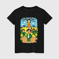 Футболка хлопковая женская Игра в кальмара мультяшный стиль, цвет: черный