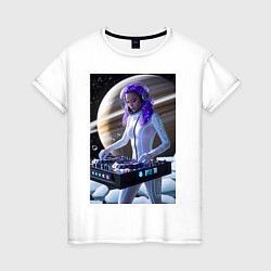 Футболка хлопковая женская Девушка космо DJ на фоне сатурна, цвет: белый