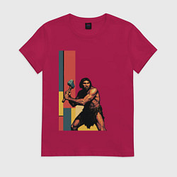 Футболка хлопковая женская Поп-арт неандерталец, цвет: маджента