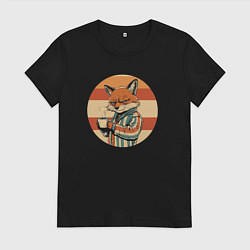 Футболка хлопковая женская Лисёнок с кофе, цвет: черный