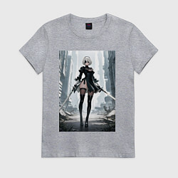 Футболка хлопковая женская Девушка-андроид с катанами посреди руин, цвет: меланж
