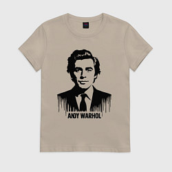 Футболка хлопковая женская Портрет Энди Уорхола в каплях краски, цвет: миндальный