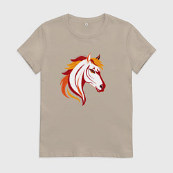 Футболка хлопковая женская Красная огненная лошадь, символ года, цвет: миндальный