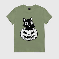 Футболка хлопковая женская Котенок в тыкве, цвет: авокадо